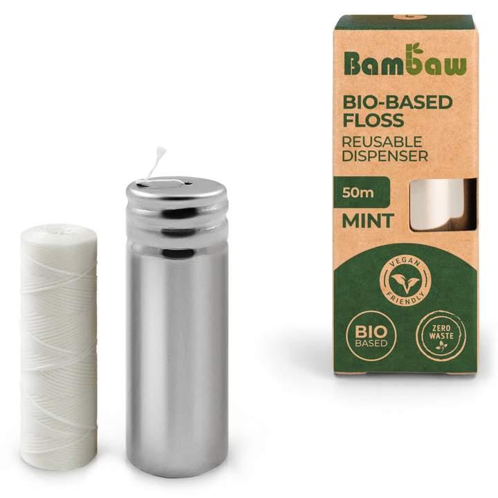 Hilo dental vegano 50 metros y dispensador acero bambaw