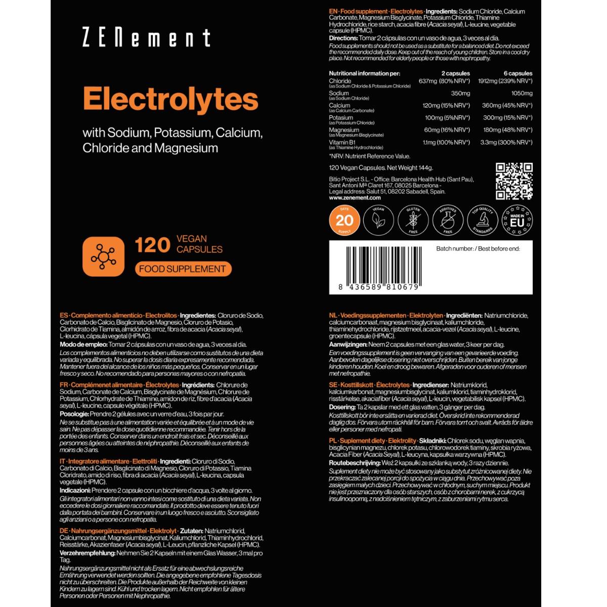Electrolitos, con Sodio, Potasio, Calcio, Cloruro y Magnesio Zenement 120 Cápsulas