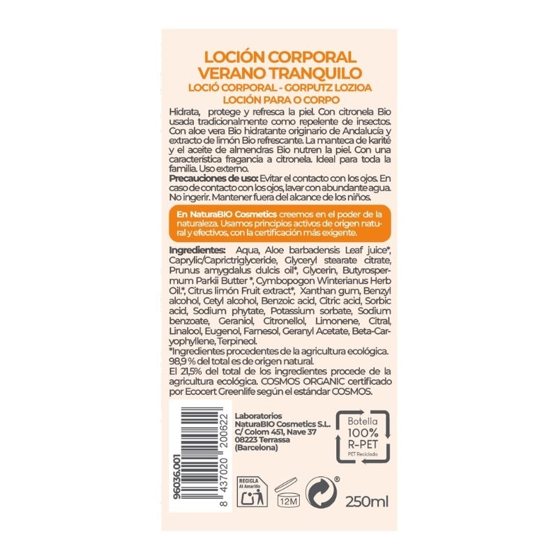 Körperlotion Verano Tranquilo 250 Citronella, NATURABIO, 250 ml