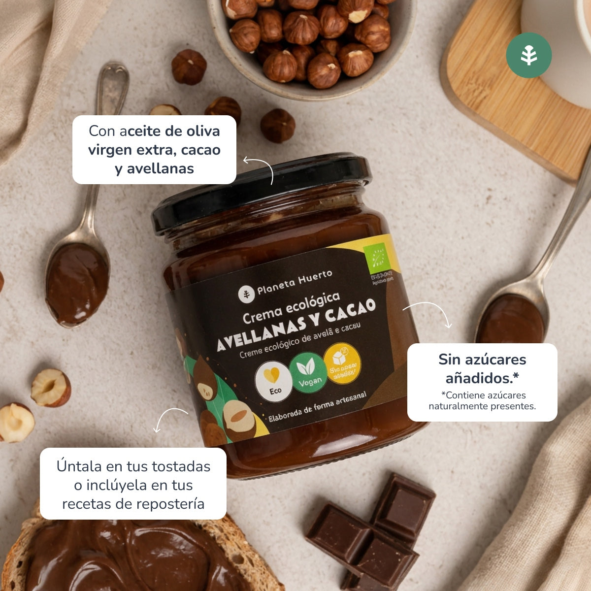 2er-Pack Haselnuss-Kakao-Creme ohne Zuckerzusatz ECO Planeta Huerto 230 g