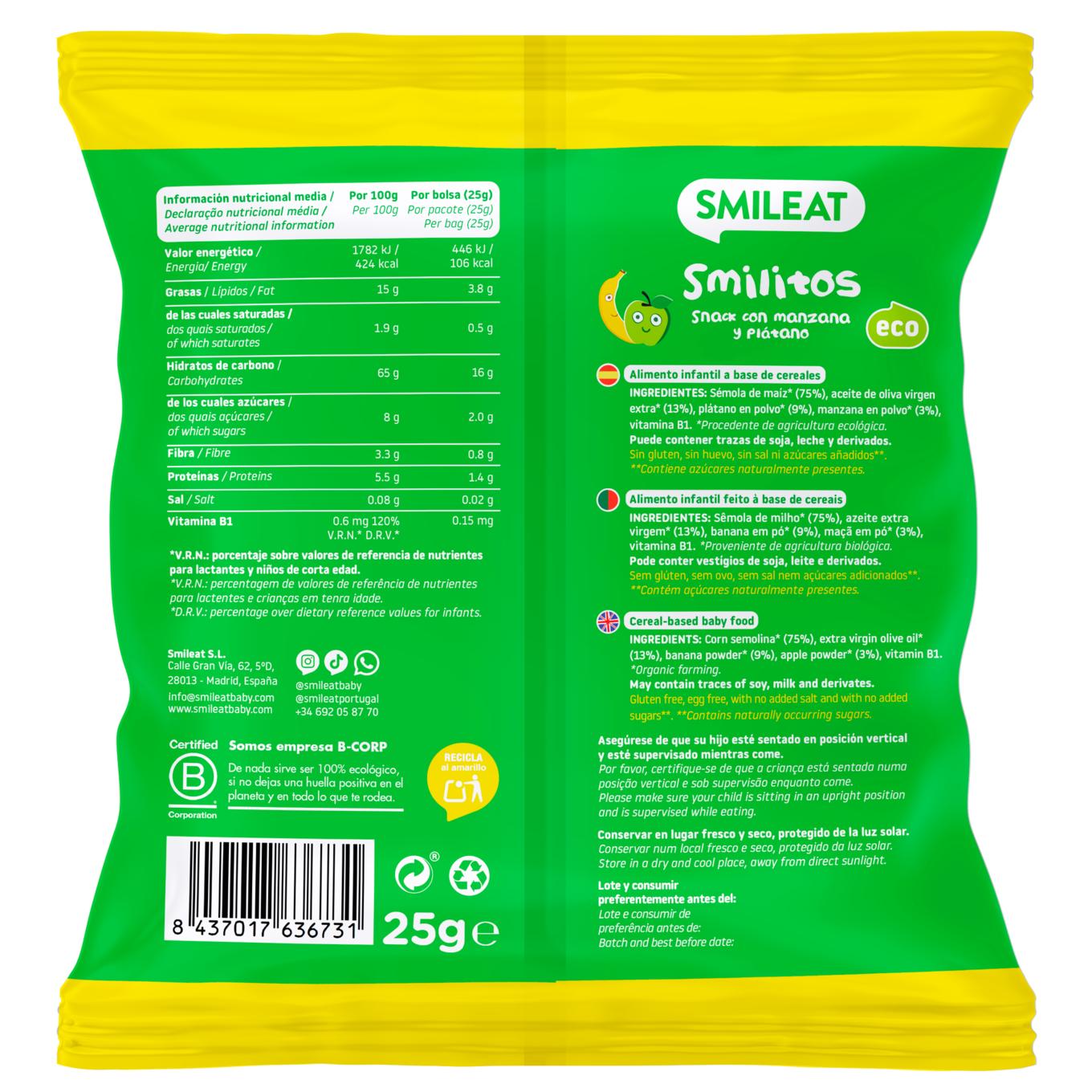 Pack 12x Smilitos, gusanitos de manzana y plátano snack, Smileat, 25g