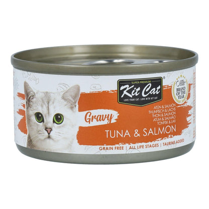 Pack 24x Kit Cat Lata Gravy - Atún & Salmón 70 g Comida húmeda para gatos en salsa