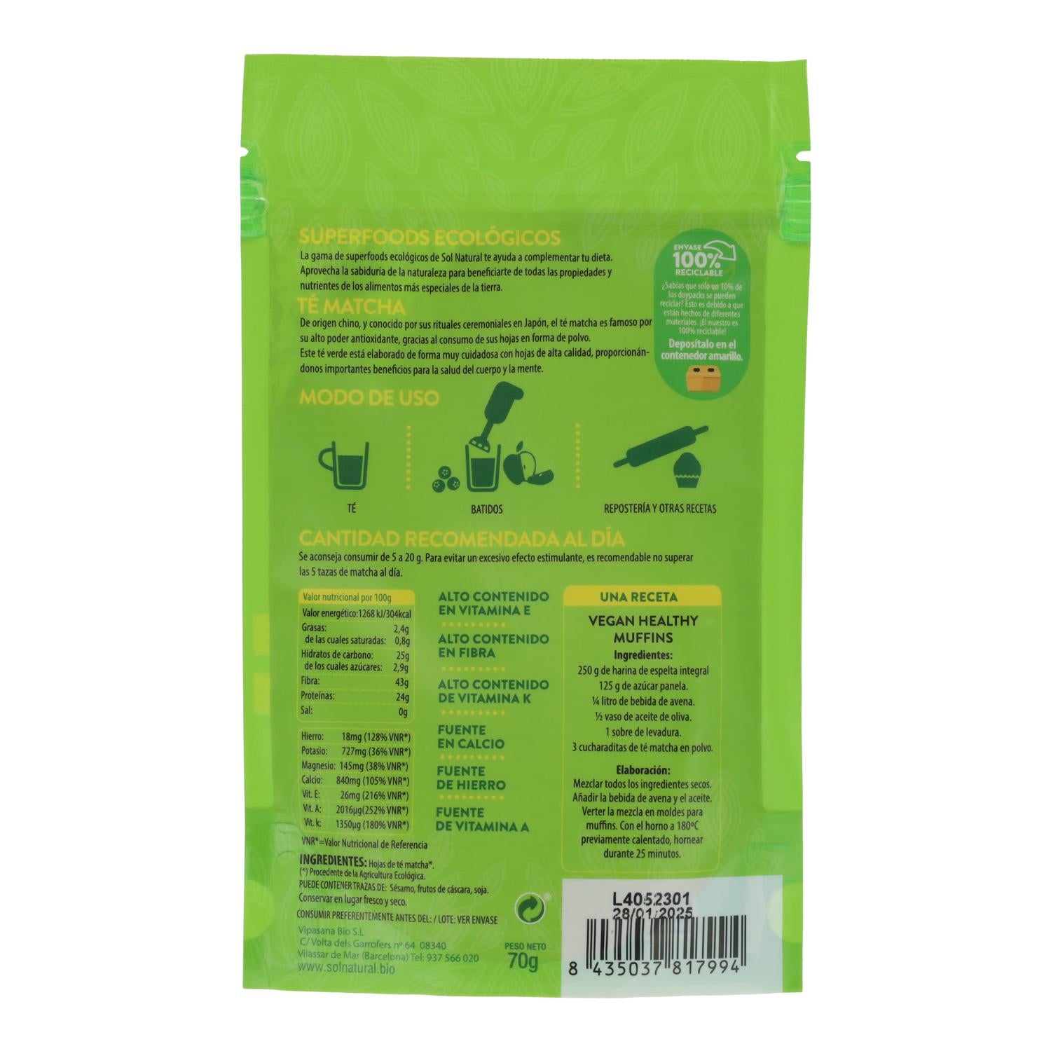 Té Matcha en polvo Sol Natural 70 g