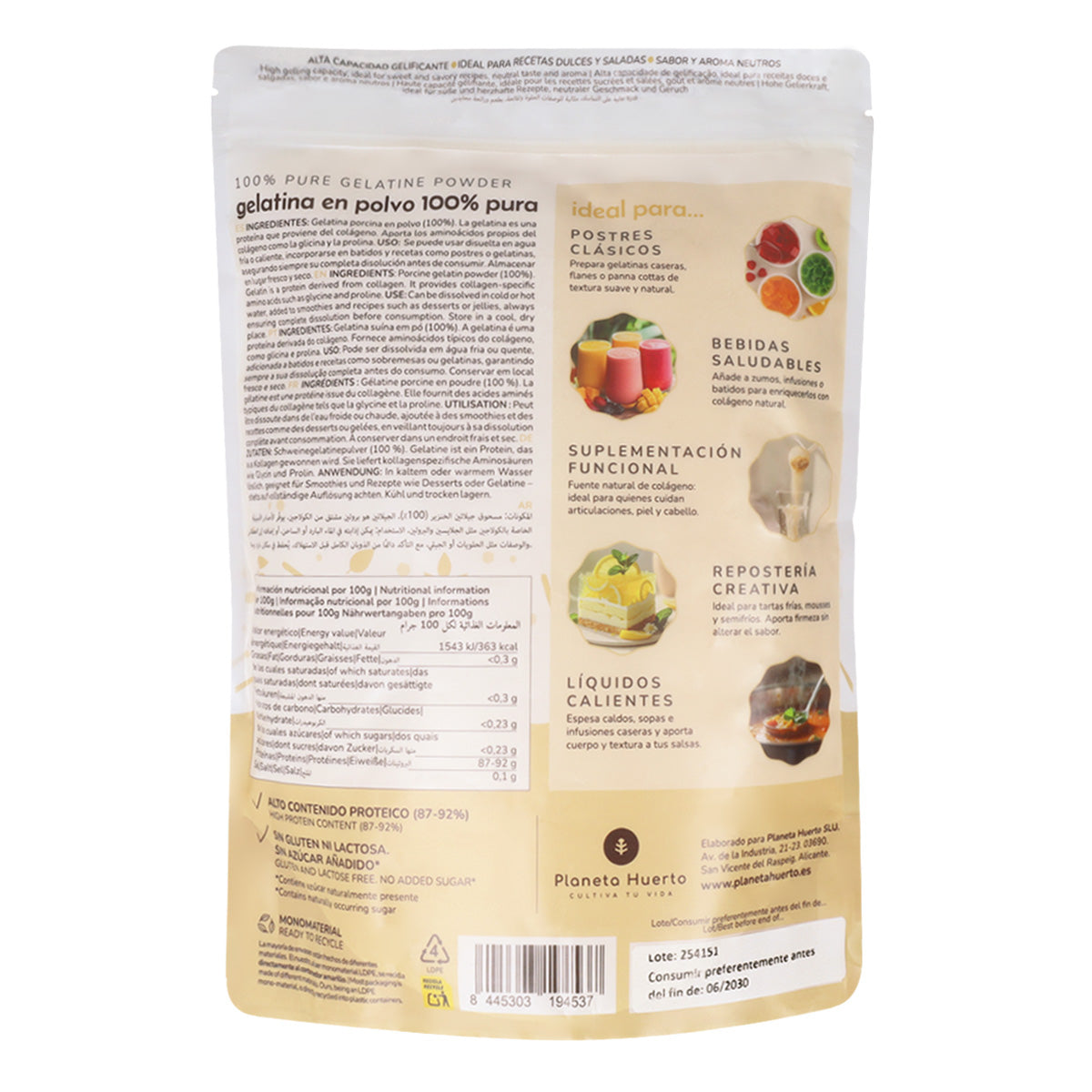 Gelatina neutra en polvo fuente de colágeno Planeta Huerto 1 Kg