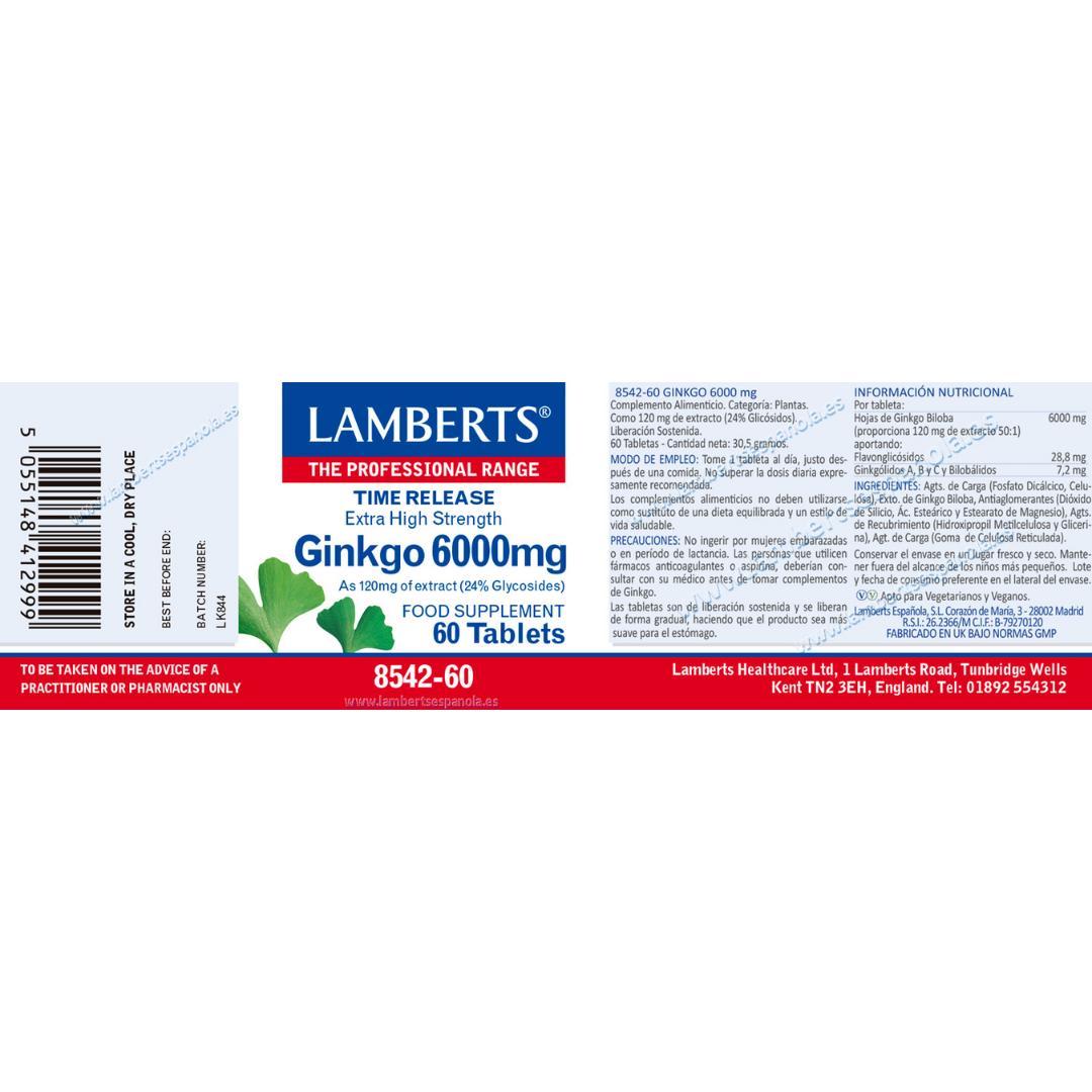 Ginkgo Biloba 6.000 mg, Lamberts 180 tabletas