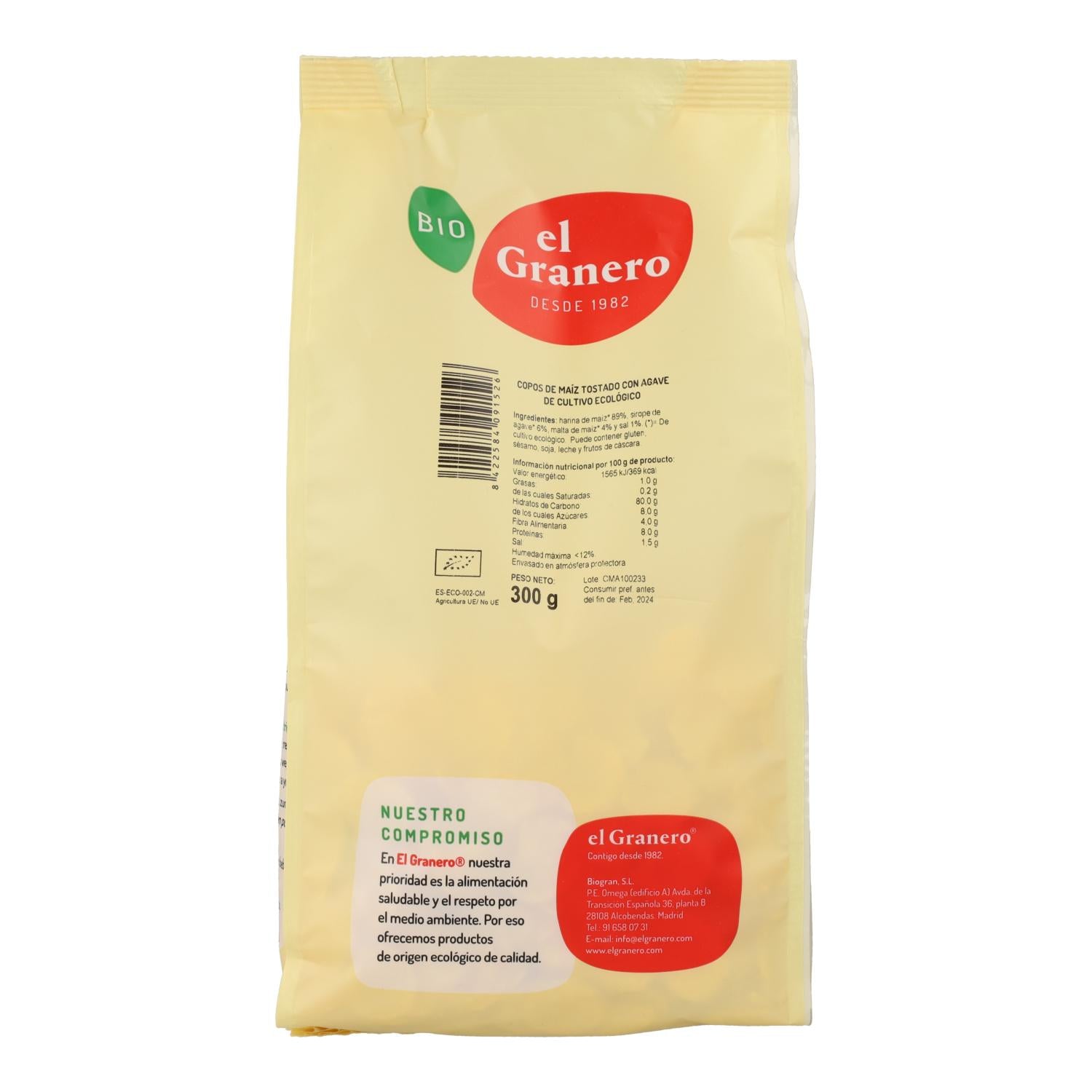 Copos de Maíz tostado con Ágave BIO El Granero, 300g