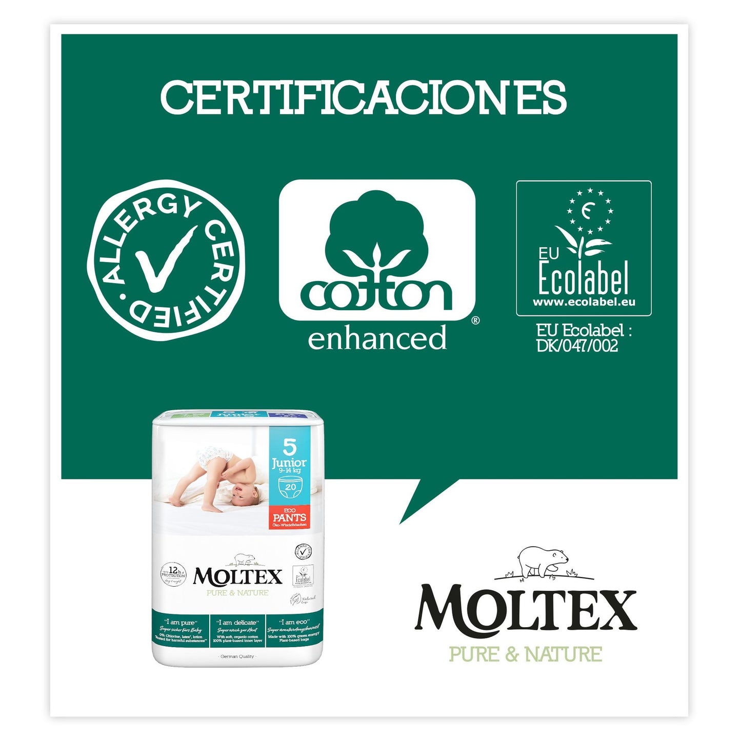 Pants Moltex Pure & Nature T5 (9-14 kg), 20 Uds