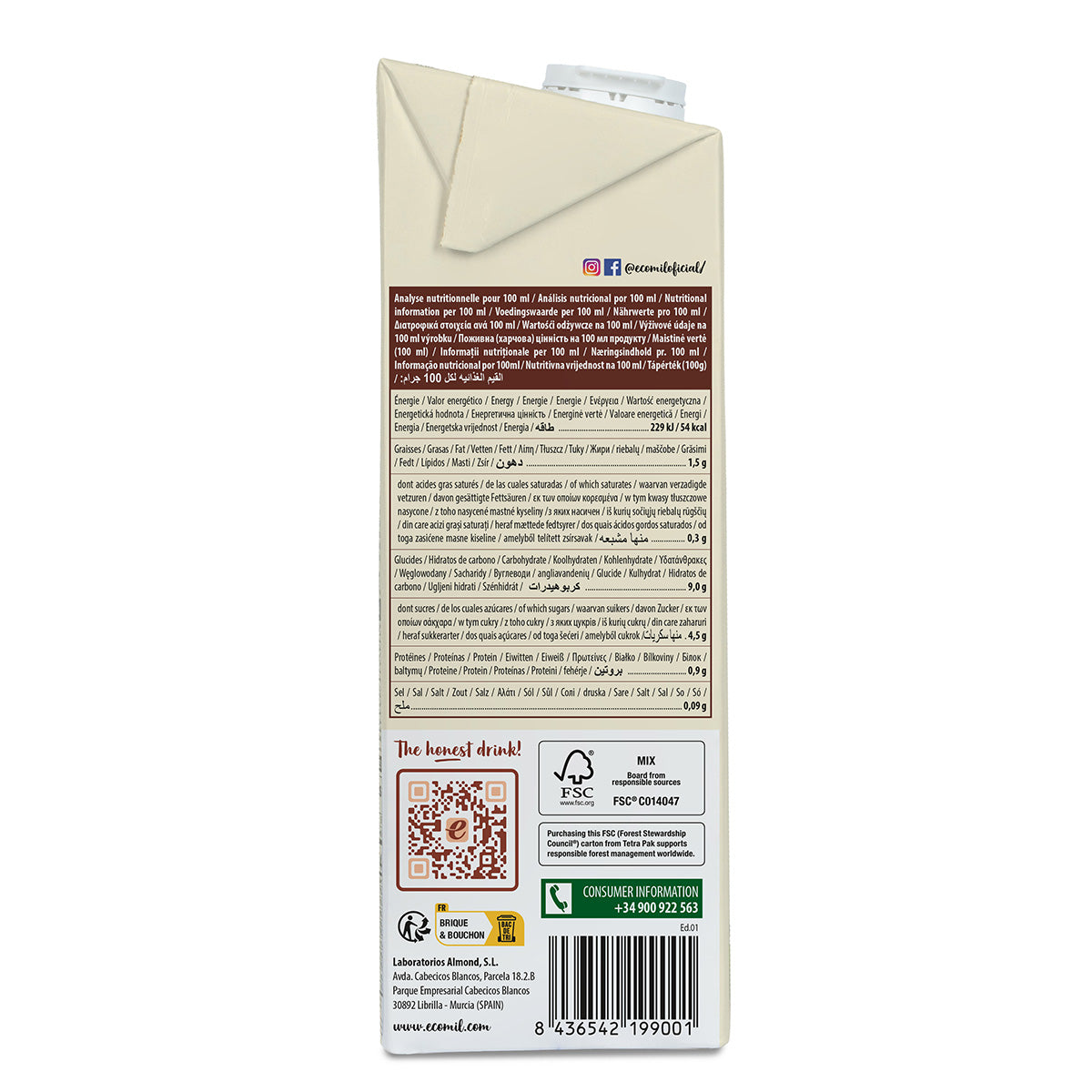 Bebida de Avena Vanilla Sin azúcar Bio Ecomil 1 L