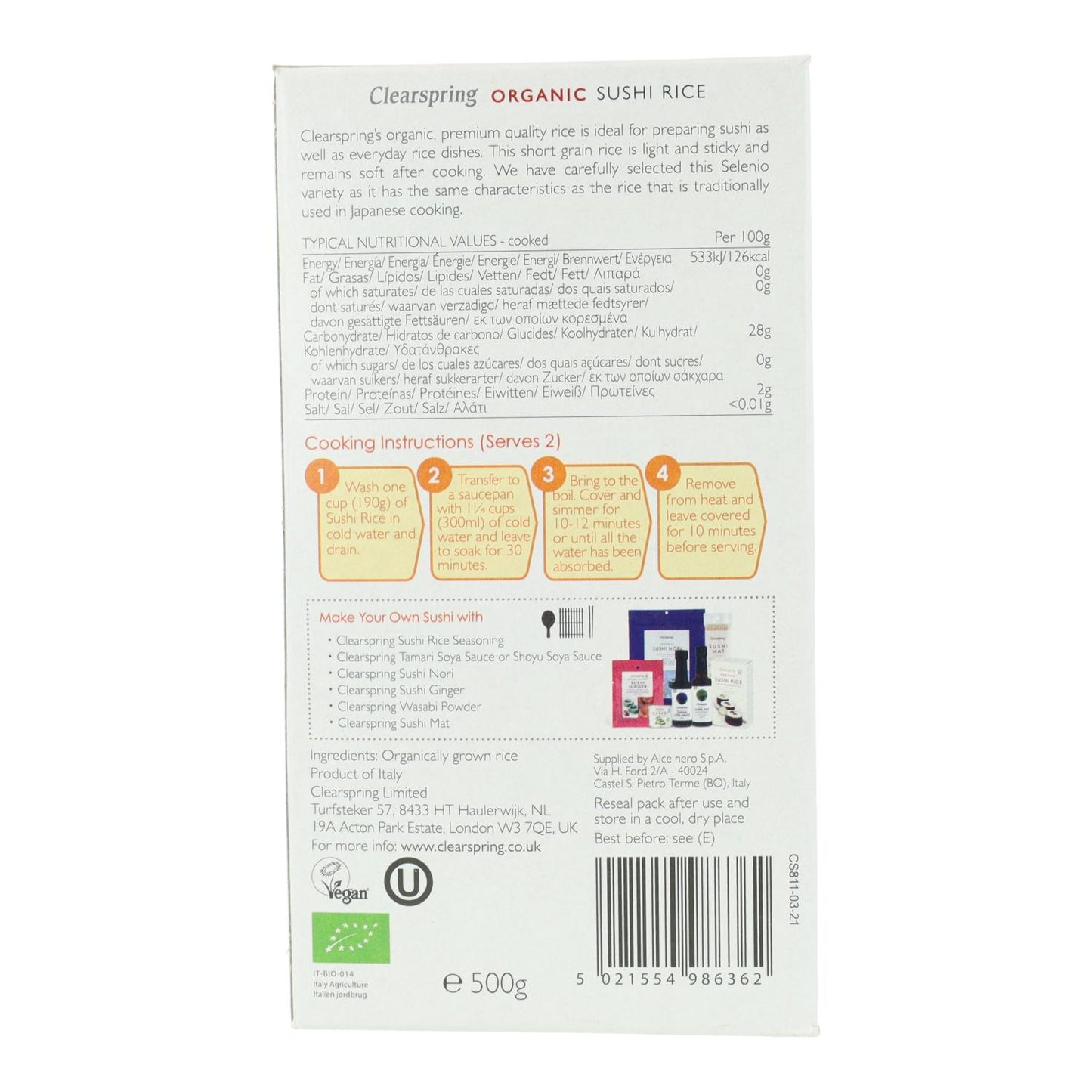 Arroz para Sushi Clearspring 500 g