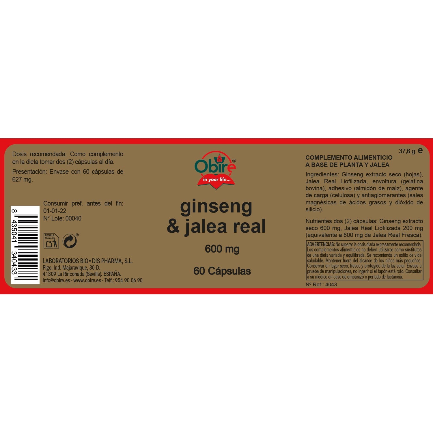 Ginseng y Jalea Real 600 mg Obire 60 cápsulas