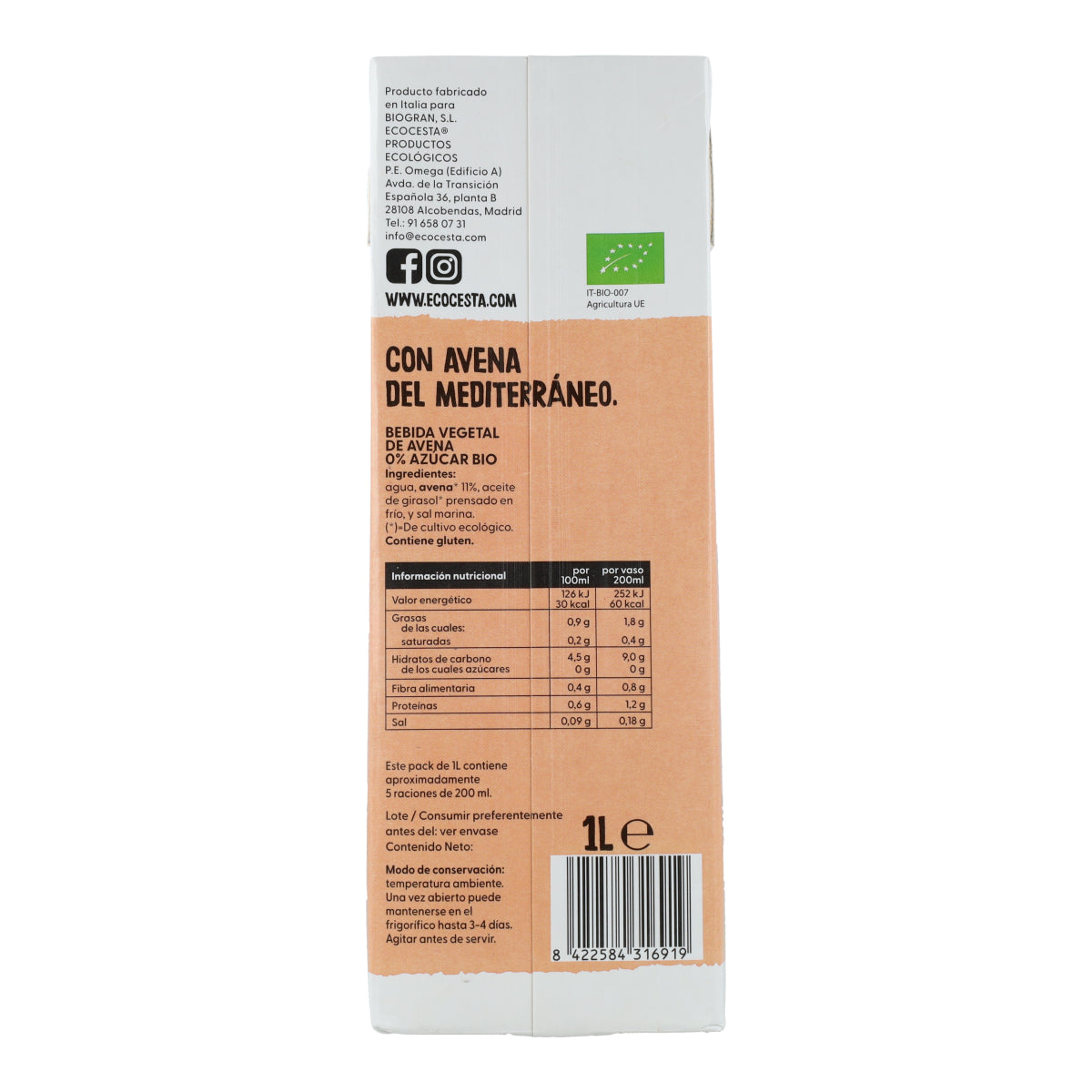 Pflanzliches Hafergetränk 0 % Zucker Bio Ecocesta 1 l