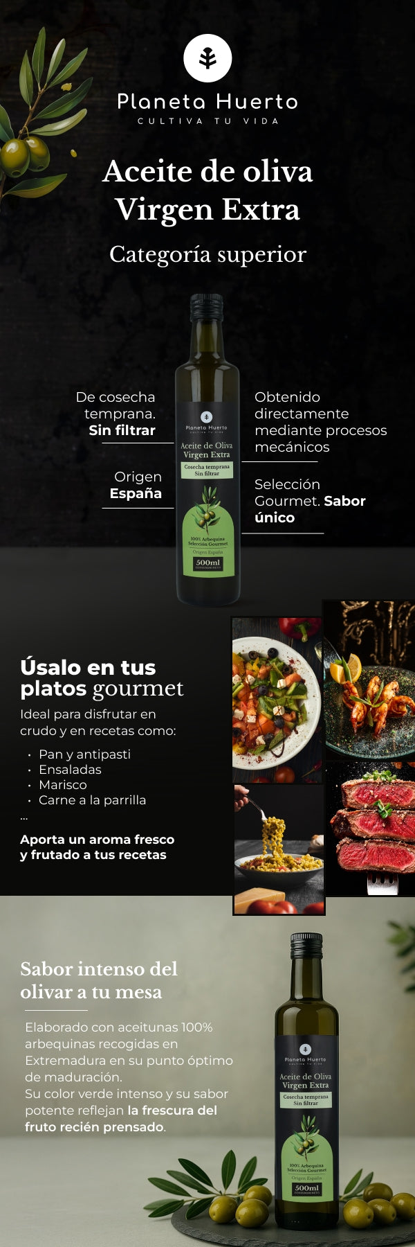3er-Pack Planeta Huerto, ungefiltertes natives Olivenöl extra aus früher Ernte, grün, 500 ml