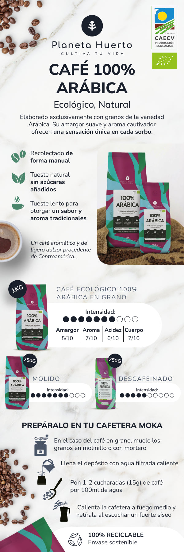 Entkoffeinierter gemahlener entkoffeinierter Kaffee Eco 100% Arabica Planeta Huerto 250 g