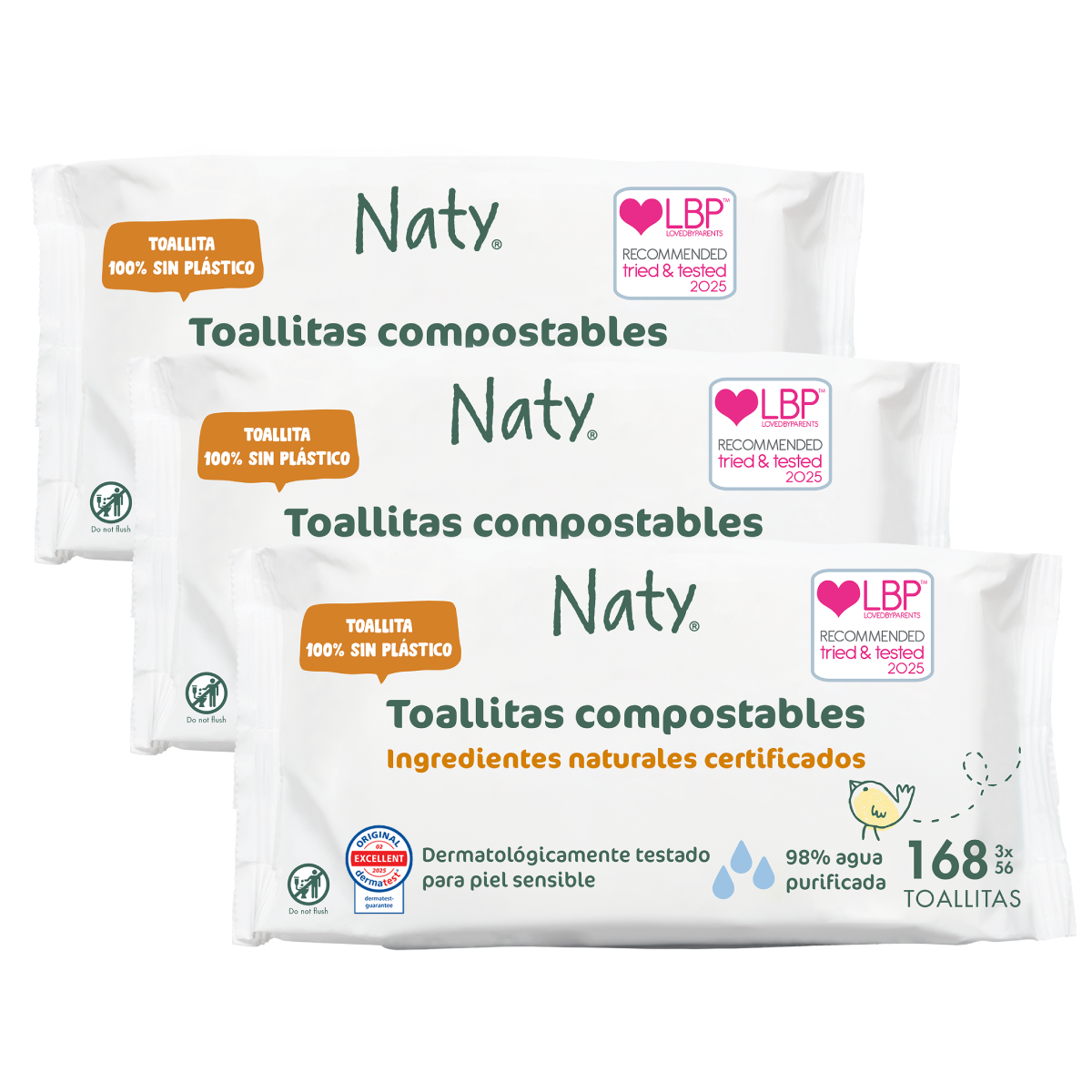 3er-Pack kompostierbare Feuchttücher Naty  3x56 Stück