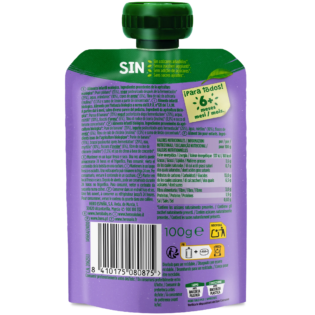 Nutri Flora Beutel mit Bananen-, Heidelbeer-, Joghurt- und Hafergeschmack 100 g Hero Solo