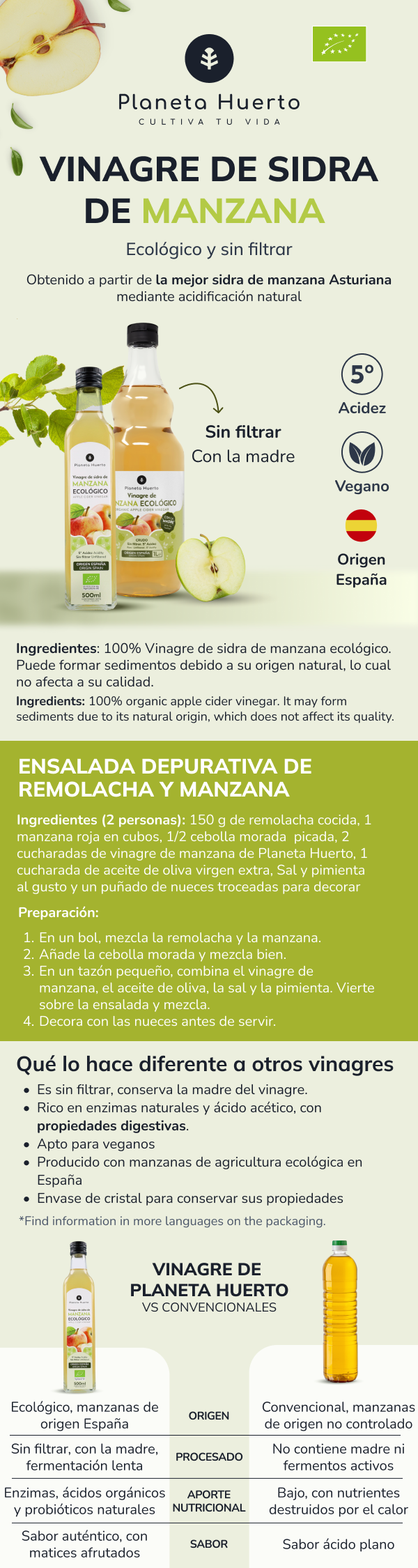 Pack 6 x Vinagre de manzana ECO crudo sin filtrar con la madre Planeta Huerto 1L
