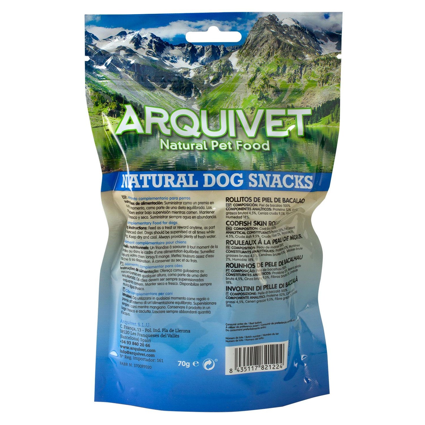 Snack natural para perros Rollitos de piel de bacalao Arquivet 70 g