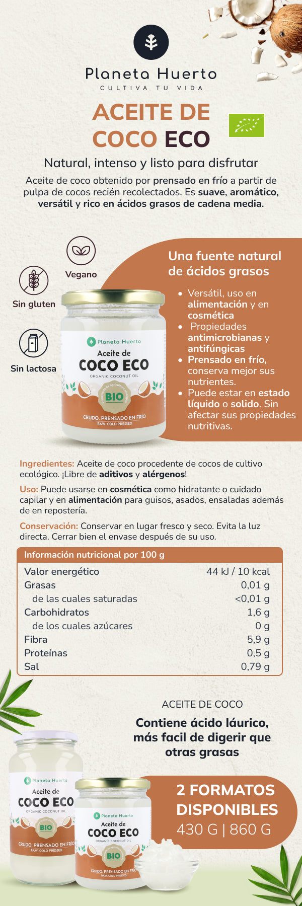 5er-Pack Bio-Kokosöl Planeta Huerto 430 ml
