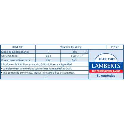 Vitamina B6 100 tabletas de 50mg, Lamberts