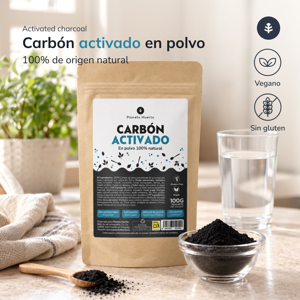Pflanzliche Aktivkohle in Pulverform Planeta Huerto 100 g