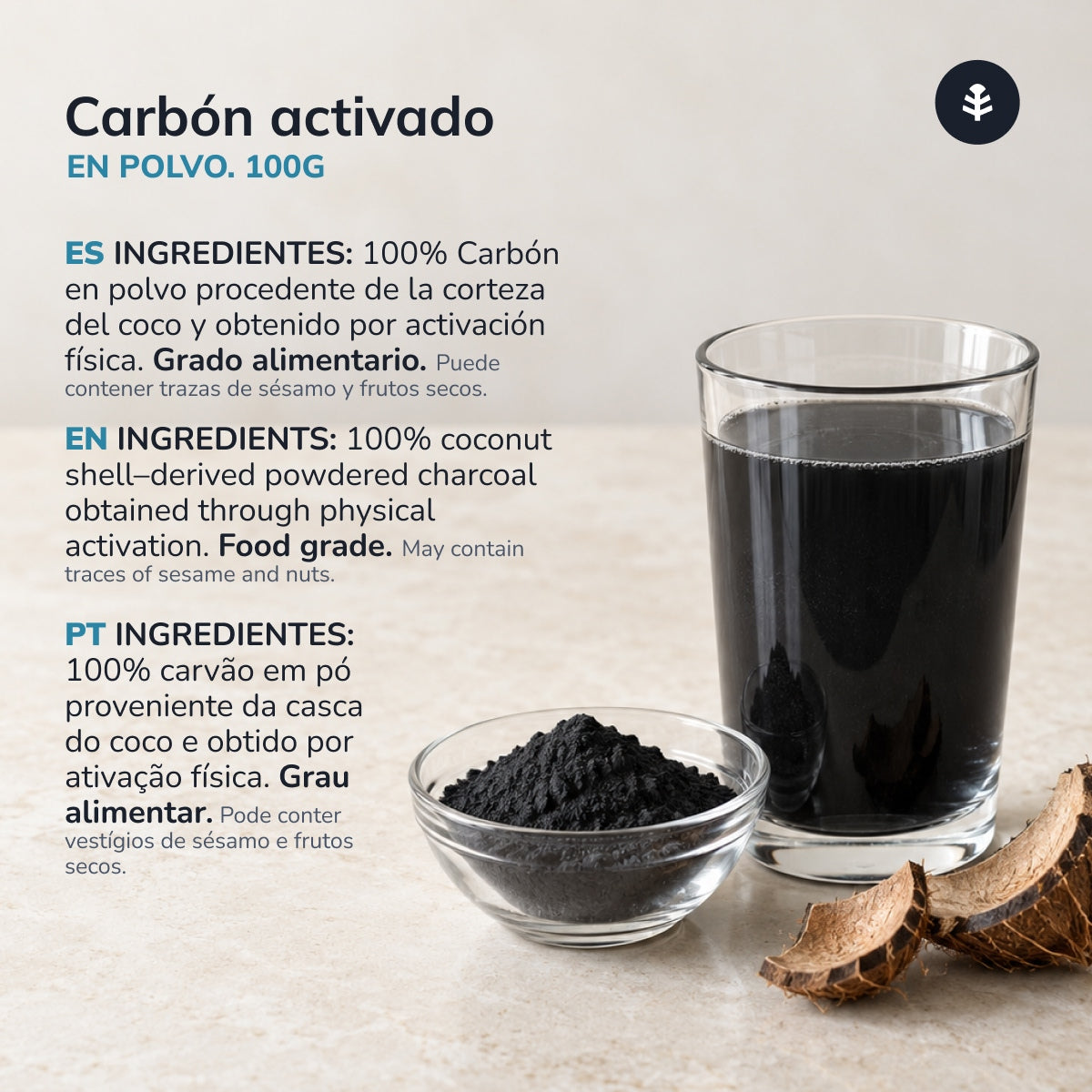 Pflanzliche Aktivkohle in Pulverform Planeta Huerto 100 g