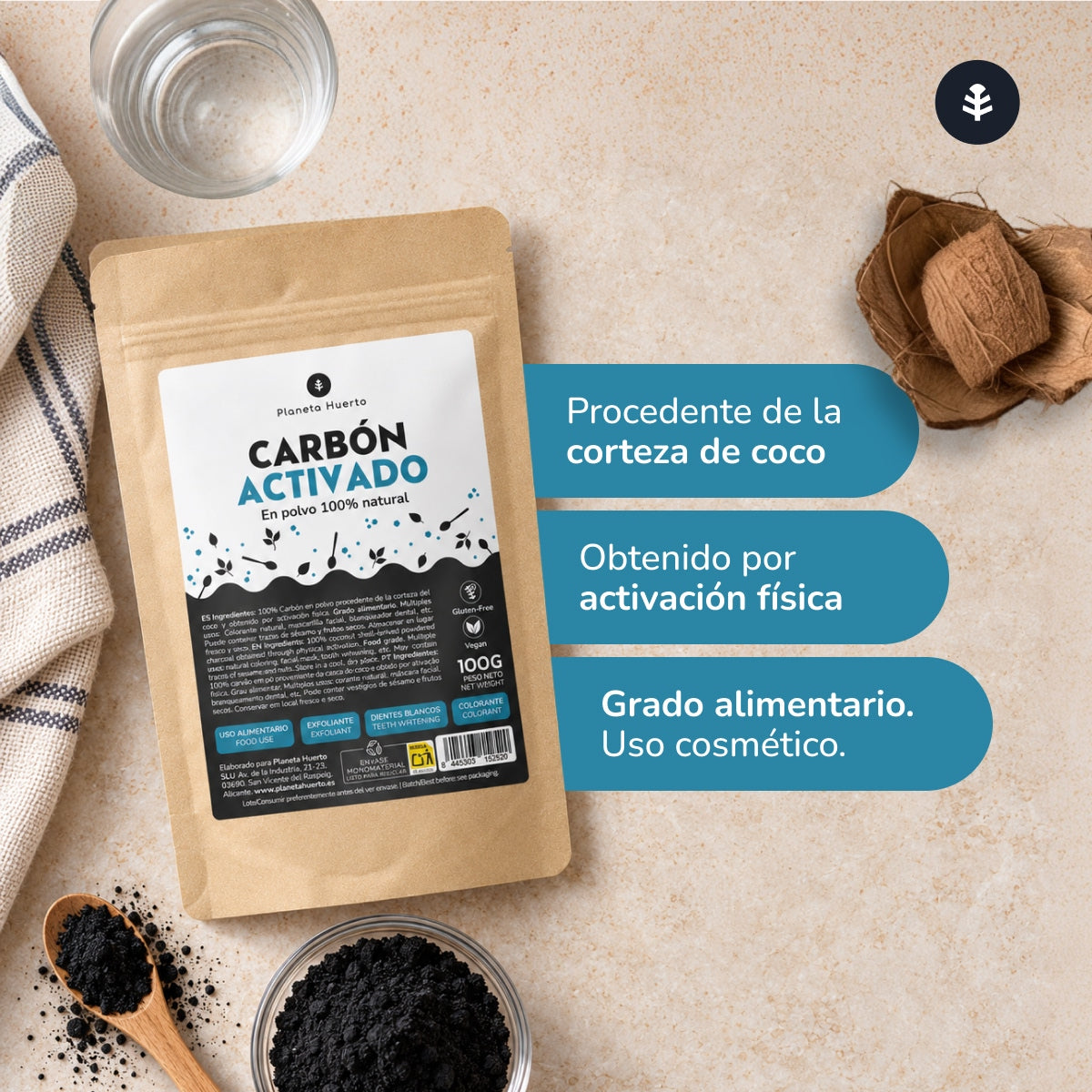 Pflanzliche Aktivkohle in Pulverform Planeta Huerto 100 g