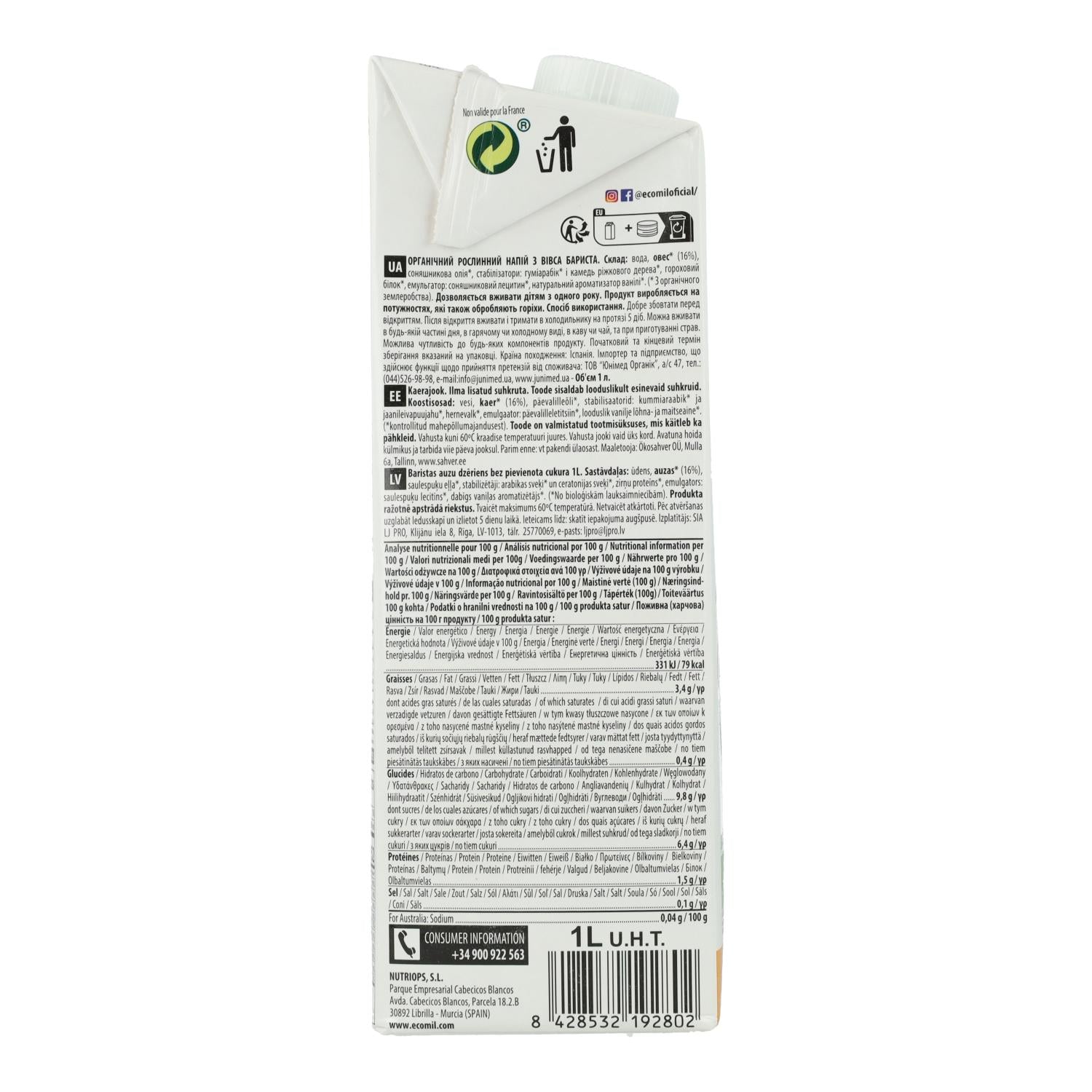 Bebida vegetal Barista Avena BIO EcoMil 1 L