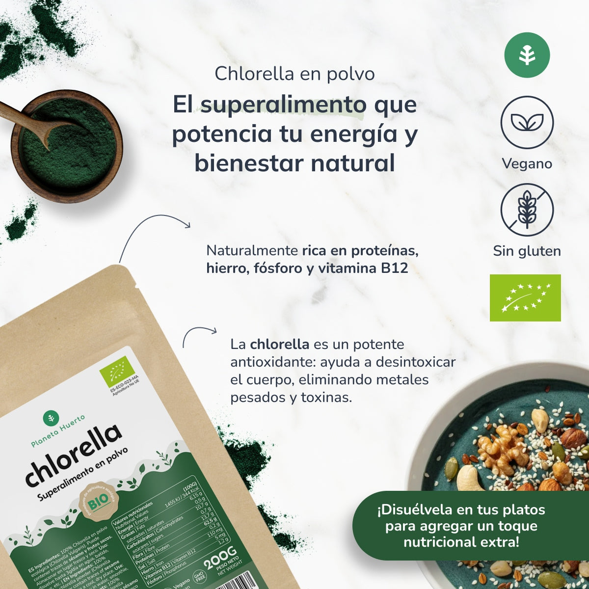 Chlorella-Algenpulver ECO Planeta Huerto 200 g