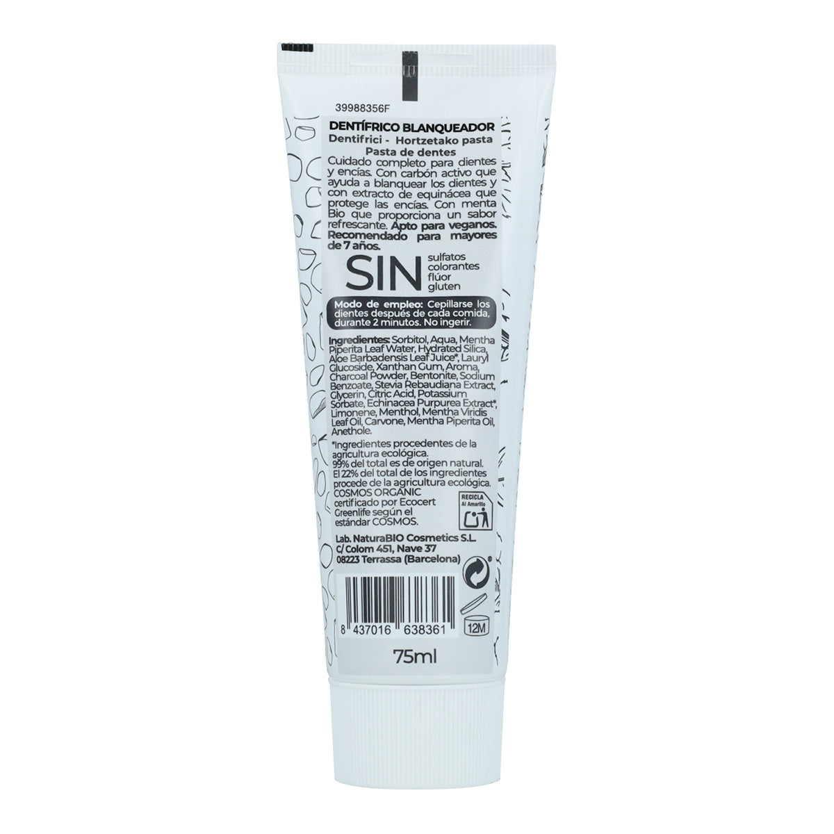 Dentífrico con Carbón Activo y Menta  Blanqueador Bio NaturaBio 75 ml