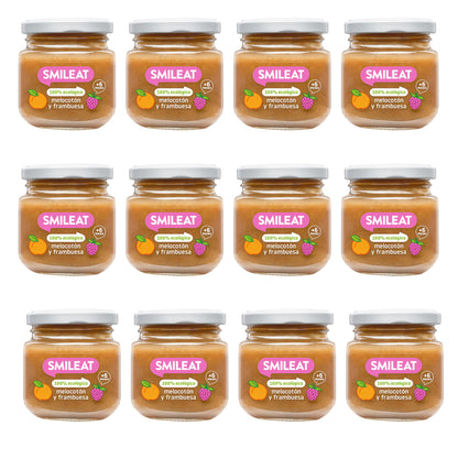 Pack 12x Tarrito de Frambuesa y Melocotón Ecológico Smileat, 130g