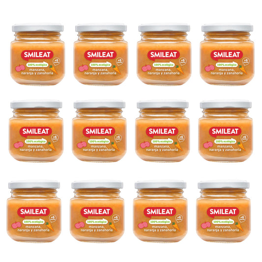Pack 12x Tarrito de Manzana, Naranja y Zanahoria BIO +6 Meses Smileat, 130g
