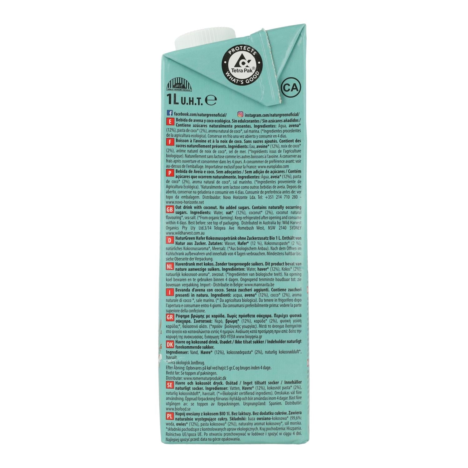 Pack 6 uds Bebida de Avena y Coco Bio NaturGreen 1 L