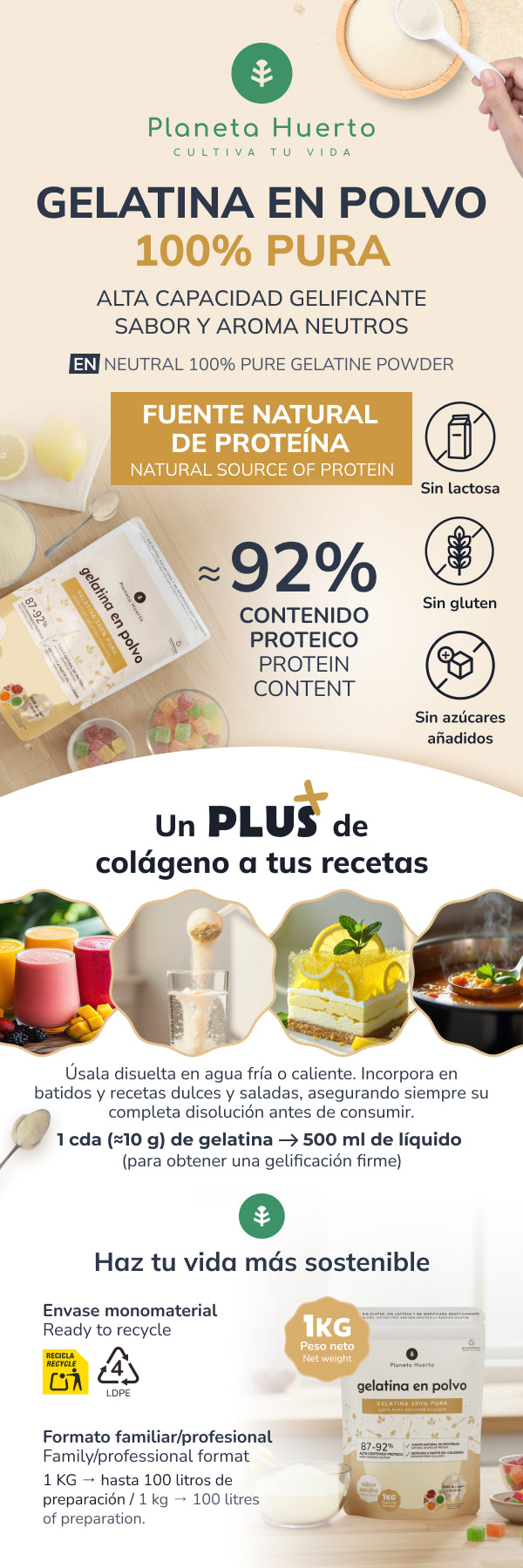 Neutrale Gelatinepulver als Kollagenquelle Planeta Huerto 1 kg