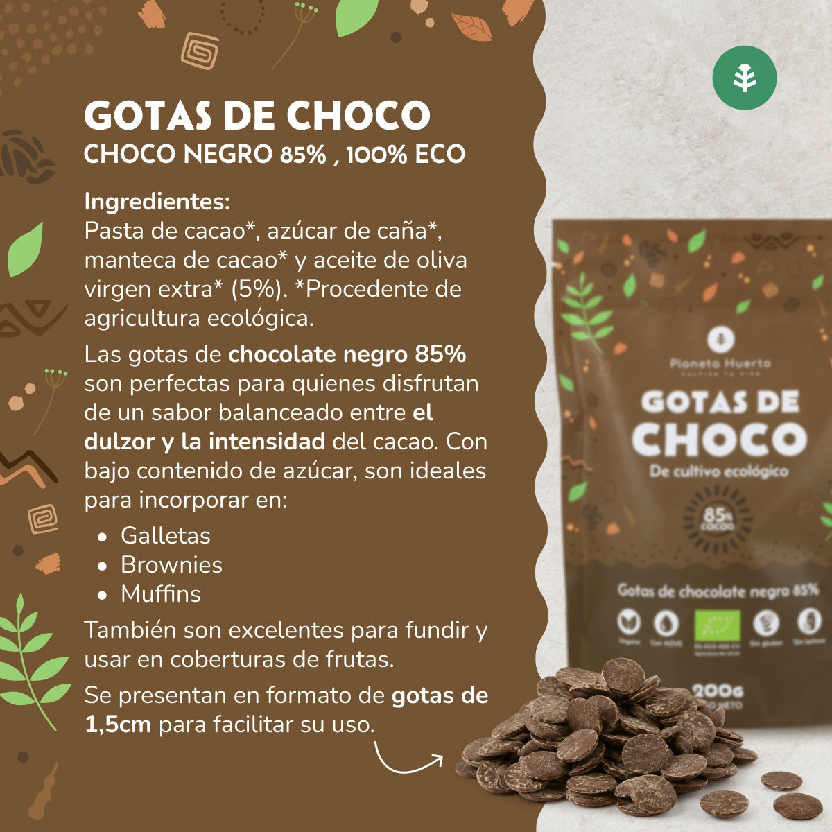 Schokoladentropfen 85% Kakao ECO Planeta Huerto 200 g