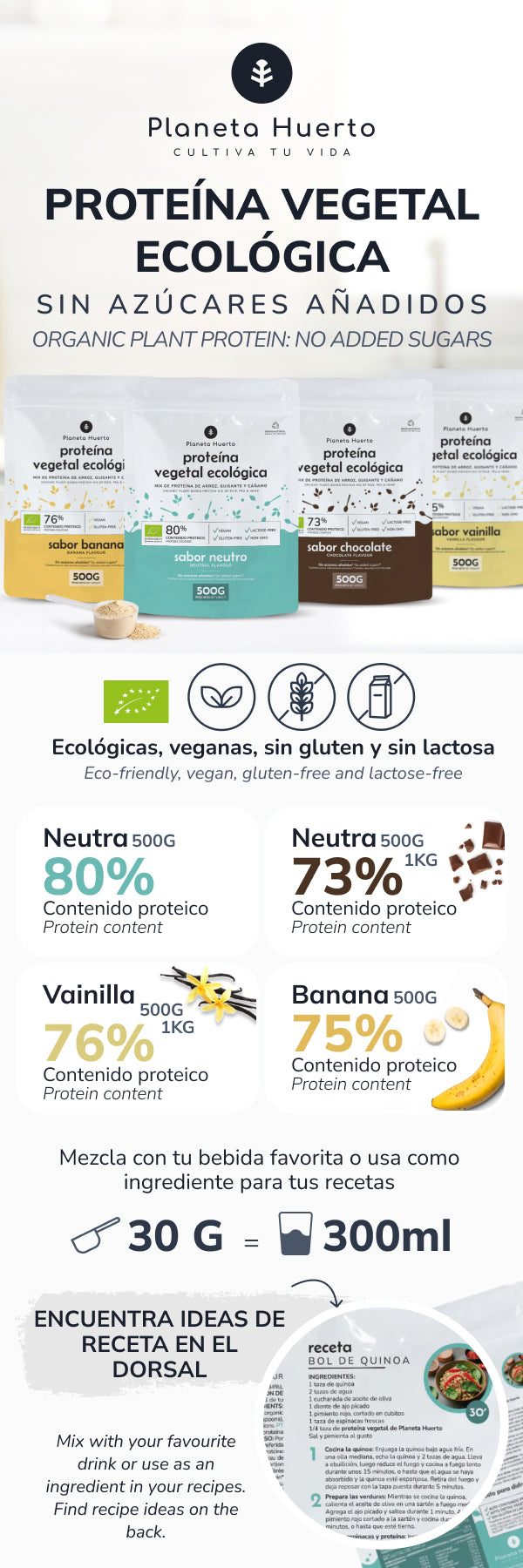 Pflanzliches Eiweiß ECO 73% Schokolade Planeta Huerto 1Kg