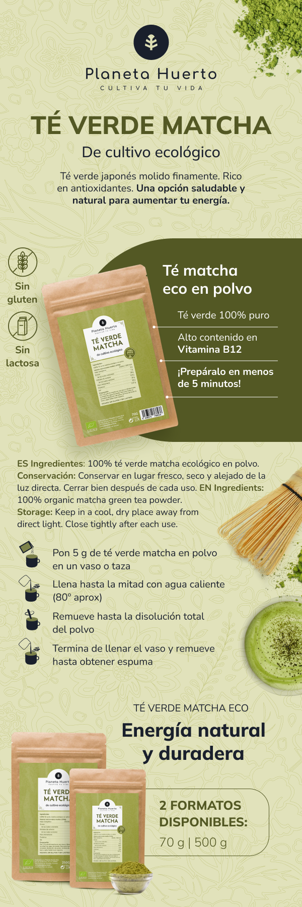 Matcha-Tee-Pulver ECO Planeta Huerto 250 g